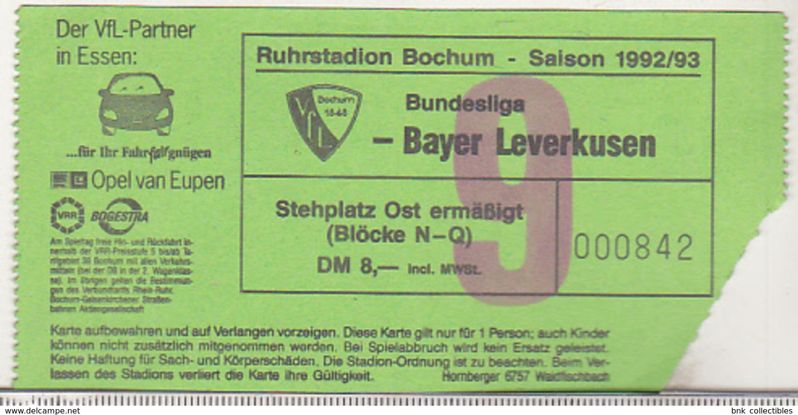 Germany VFL Bochum - Bayer Leverkusen -  1992 Bundesliga Match Ticket - Tickets D'entrée