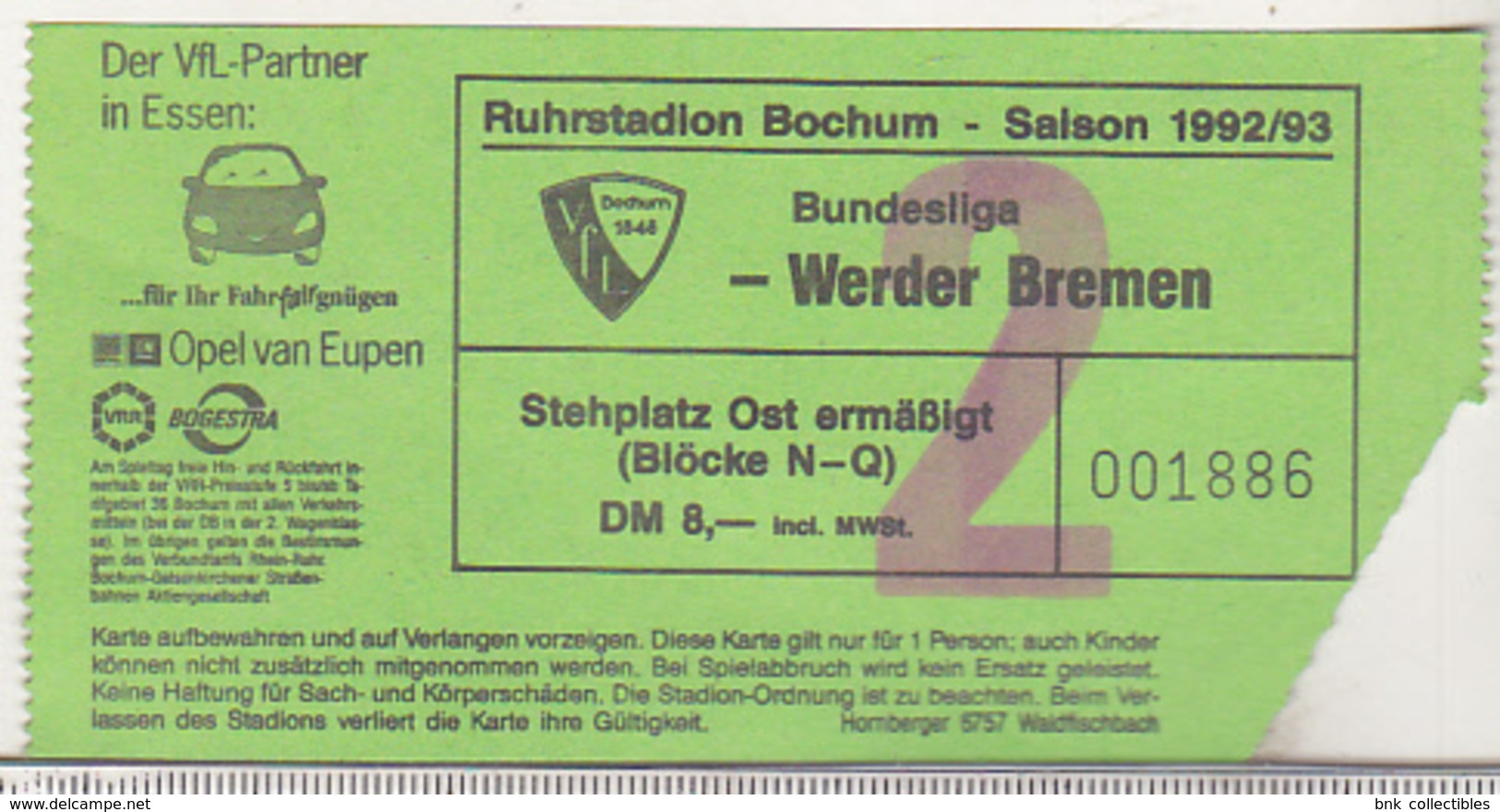 Germany VFL Bochum - Werder Bremen -  1992 Bundesliga Match Ticket - Tickets - Entradas