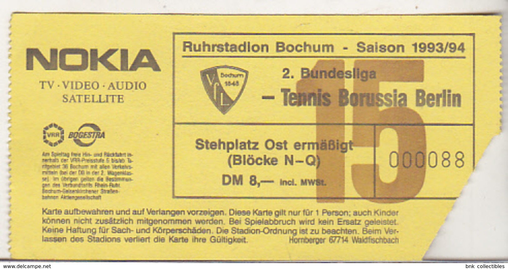 Germany VFL Bochum - Tennis Borussia Berlin -  1993 2.Bundesliga Match Ticket - Tickets D'entrée