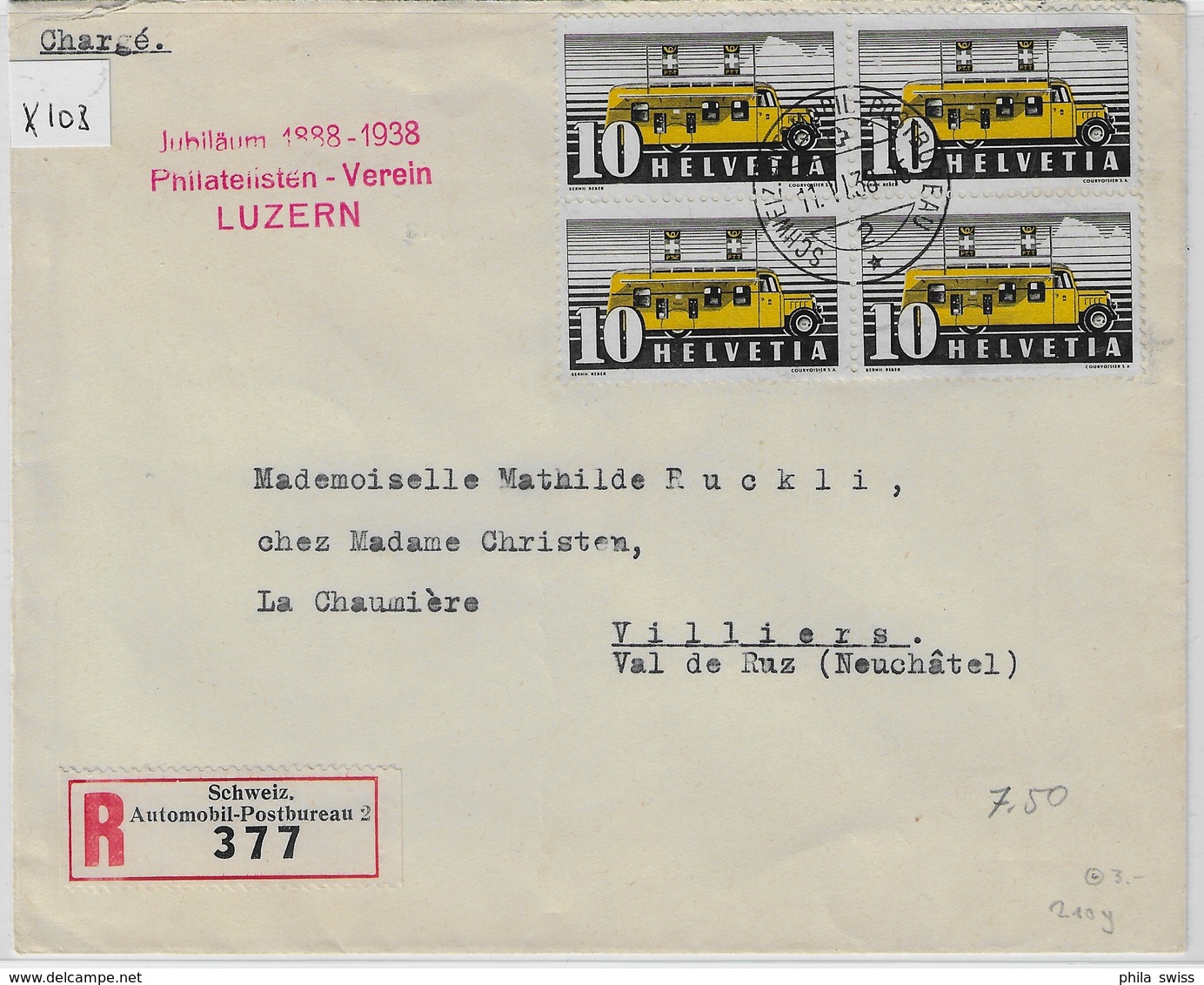 Jubiläum 1888-1938 Philatelisten-Verein Luzern 11.VI.38 Charge 210/311 4er Block - Marcophilie