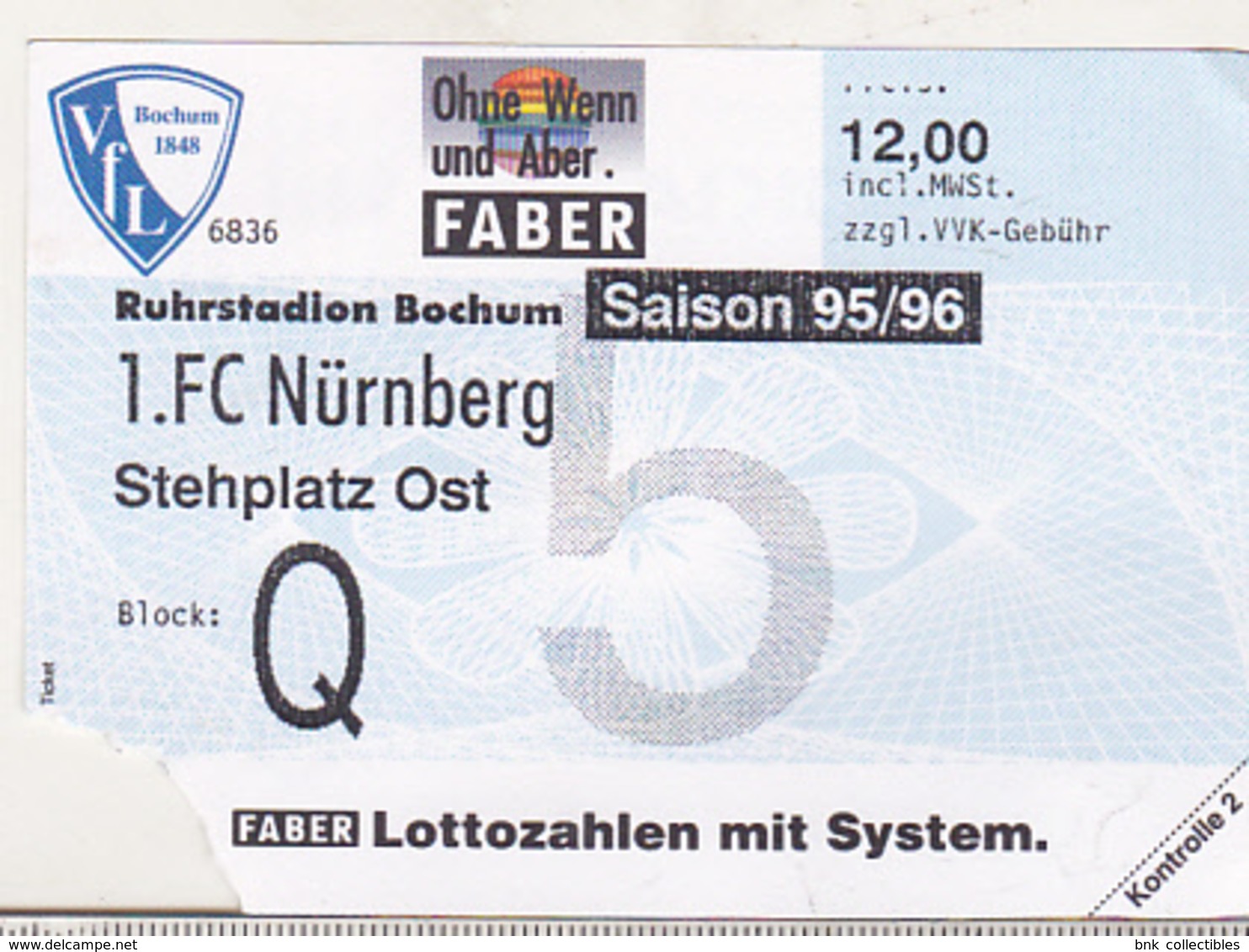 Germany VFL Bochum - 1. FC Nurnberg -  1995 Bundesliga Match Ticket - Match Tickets