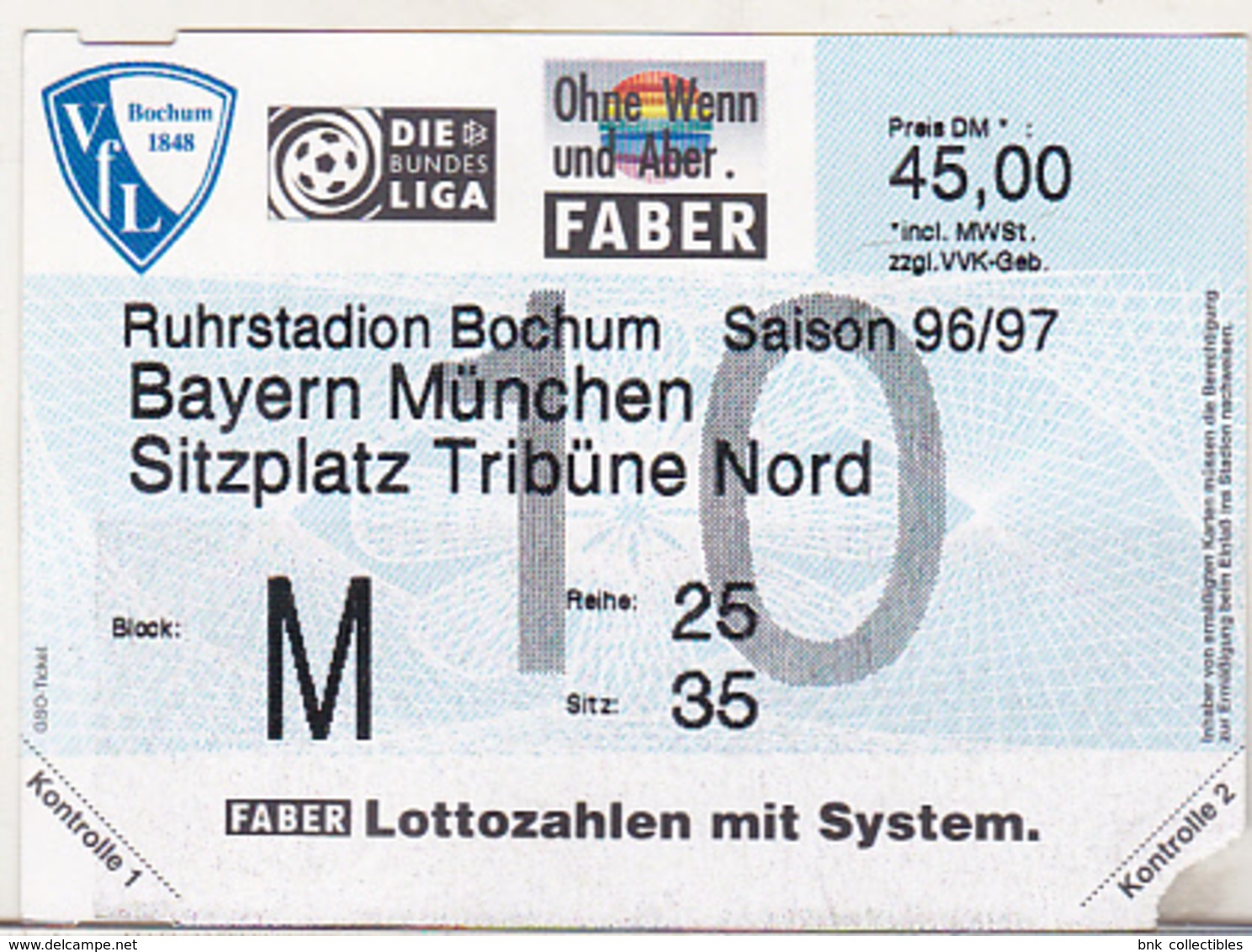 Germany VFL Bochum - Bayern Munchen -  1996 Bundesliga Match Ticket - Tickets D'entrée