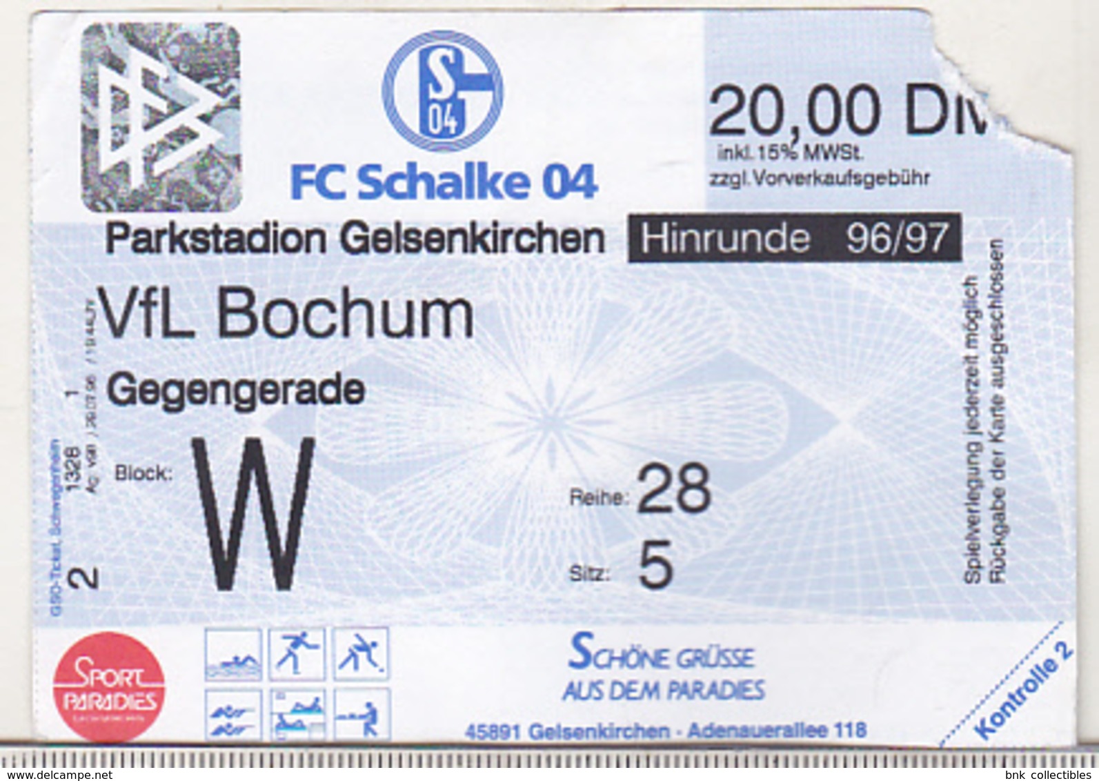 Germany FC Schalke 04 -  VFL Bochum -  1996 Bundesliga Match Ticket - Match Tickets