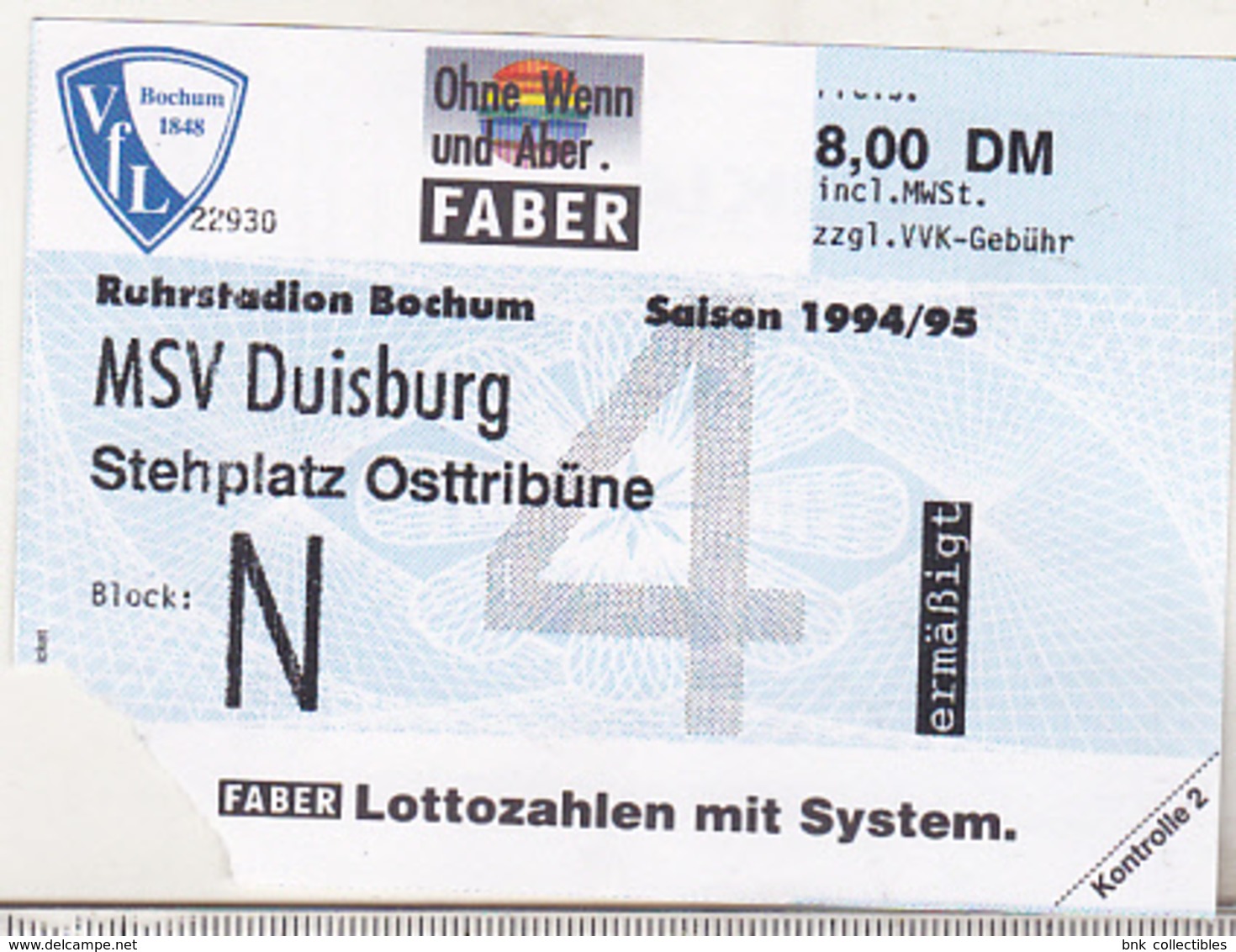 Germany VFL Bochum - MSV Duisburg -  1994 Bundesliga Match Ticket - Match Tickets