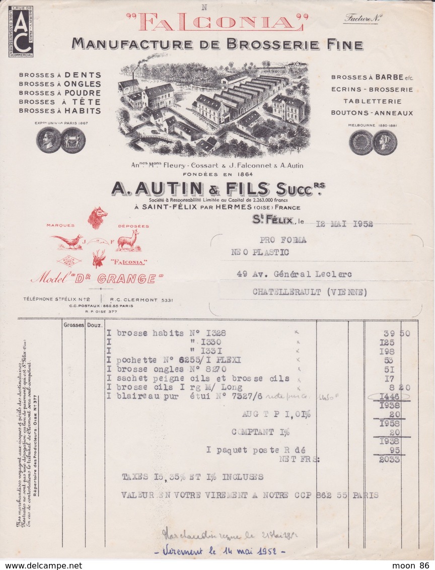 69 - SAINT FELIX PAR HERMES (OISE) - MANUFACTURE DE BROSSERIE - FALCONIA - A. AUTIN & CIE - - Droguerie & Parfumerie