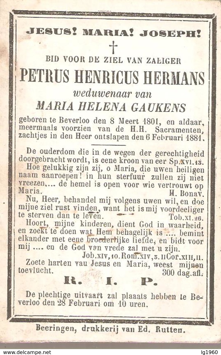 Beverloo - 1801-1881 - Petrus Henricus HERMANS - Images Religieuses