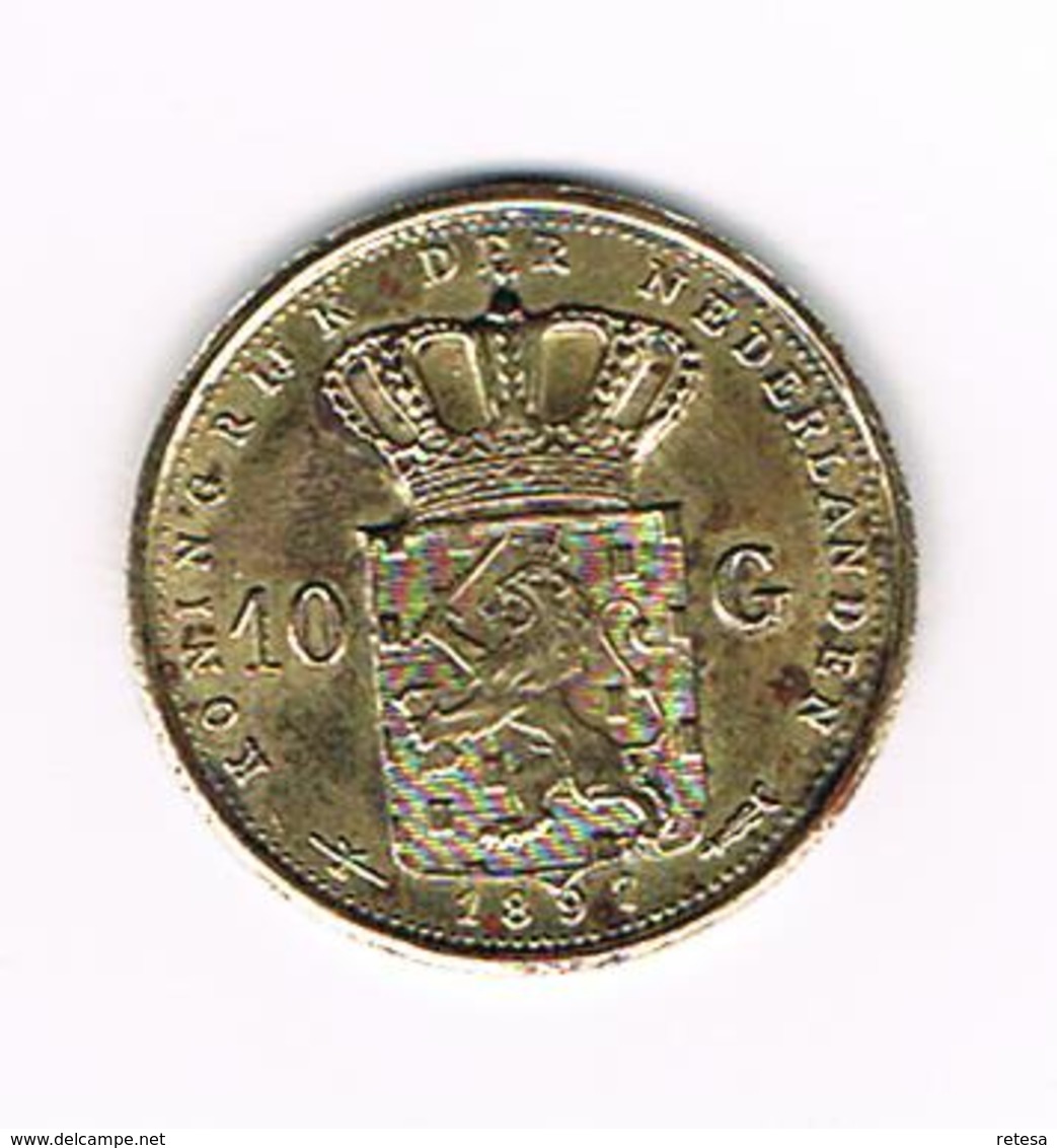 -&  PENNING KONINGIN WILHELMINA  10 GULDEN  1897 ( COPIE ) - Pièces écrasées (Elongated Coins)