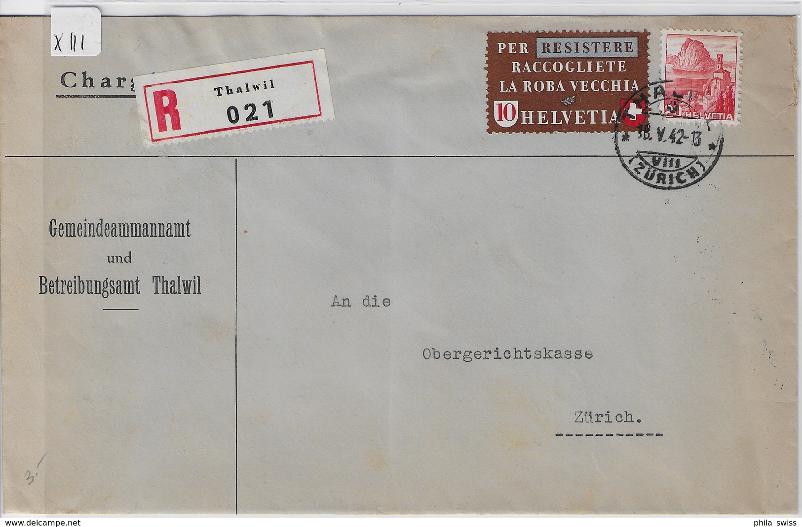 1942 Altstoffe 256/407 215/327 Charge Thalwil To Zürich 18.V.42 - Lettres & Documents