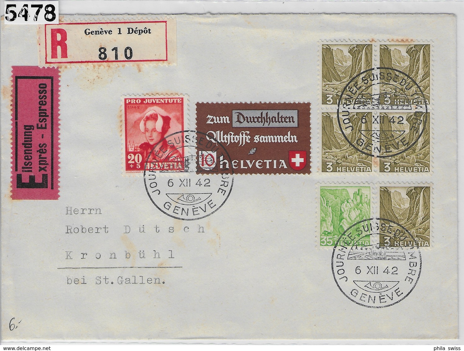 1942 Journee Suisse Du Timbre Geneve 254/405 J103/414 Charge 6.XII.42 To St. Gallen - Marcophilie