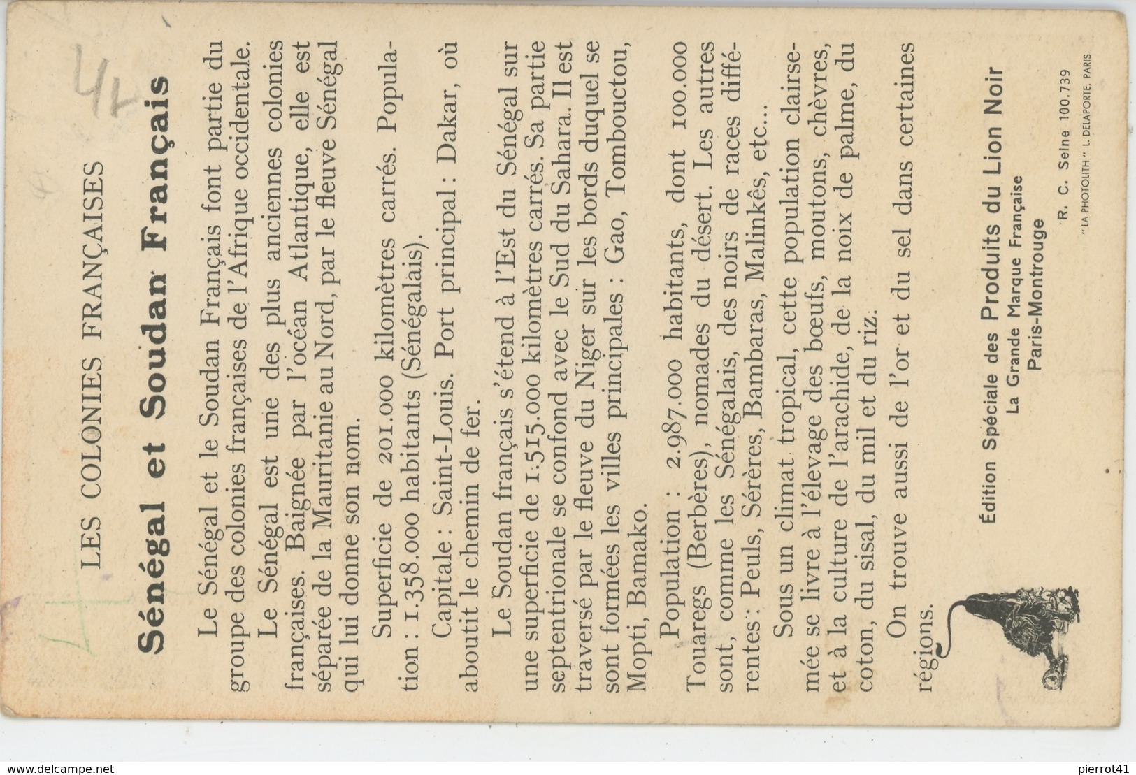 COLONIES FRANÇAISES - LE SÉNÉGAL ET LE SOUDAN FRANÇAIS - Edit. Spéciale Des Produits Du LION NOIR - Sénégal