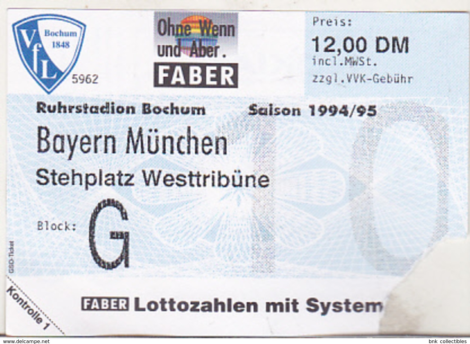 Germany VFL Bochum - Bayern Munchen -  1994 Bundesliga Match Ticket - Tickets D'entrée