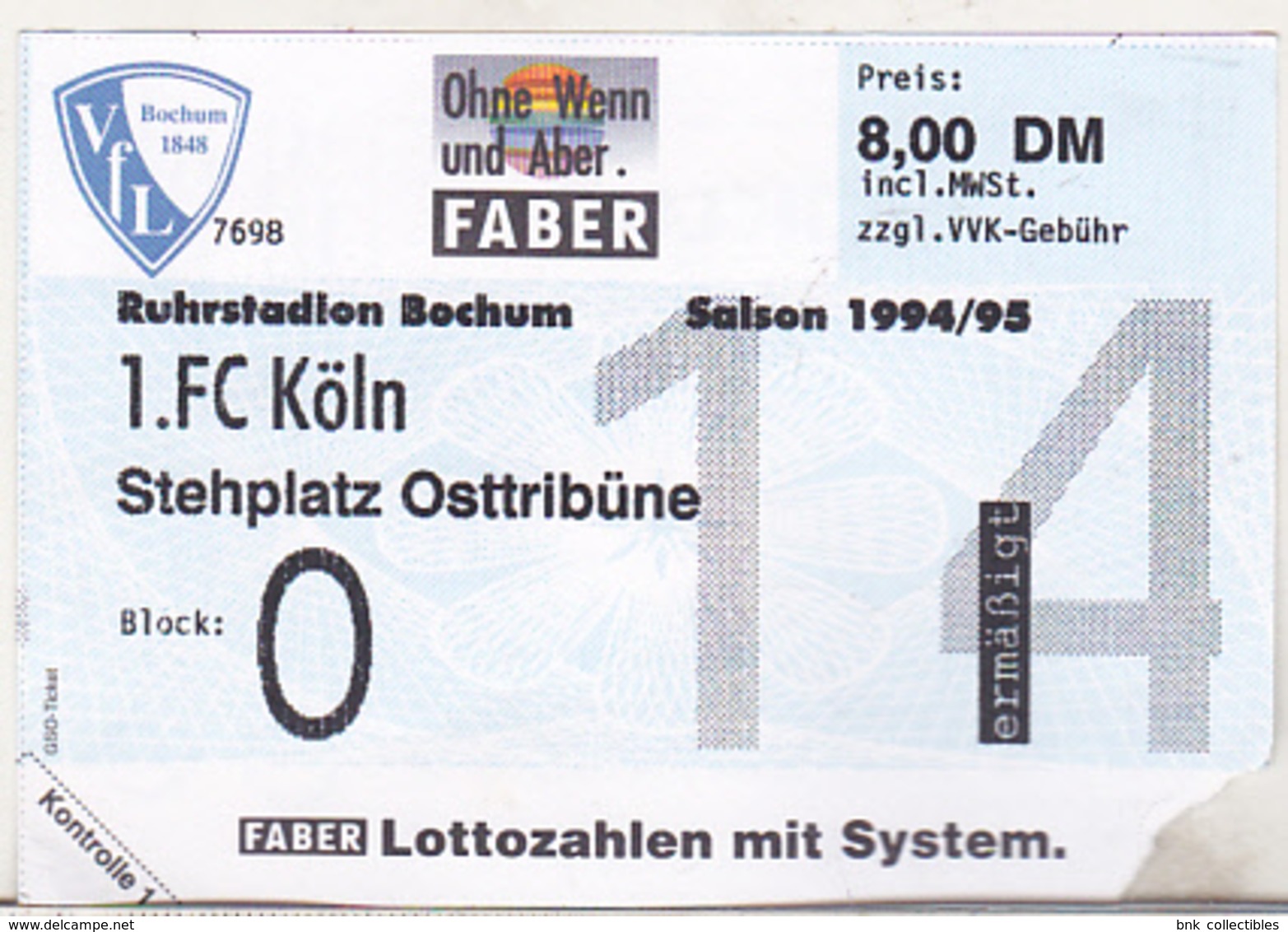 Germany VFL Bochum - 1. FC Koln -  1994 Bundesliga Match Ticket - Match Tickets