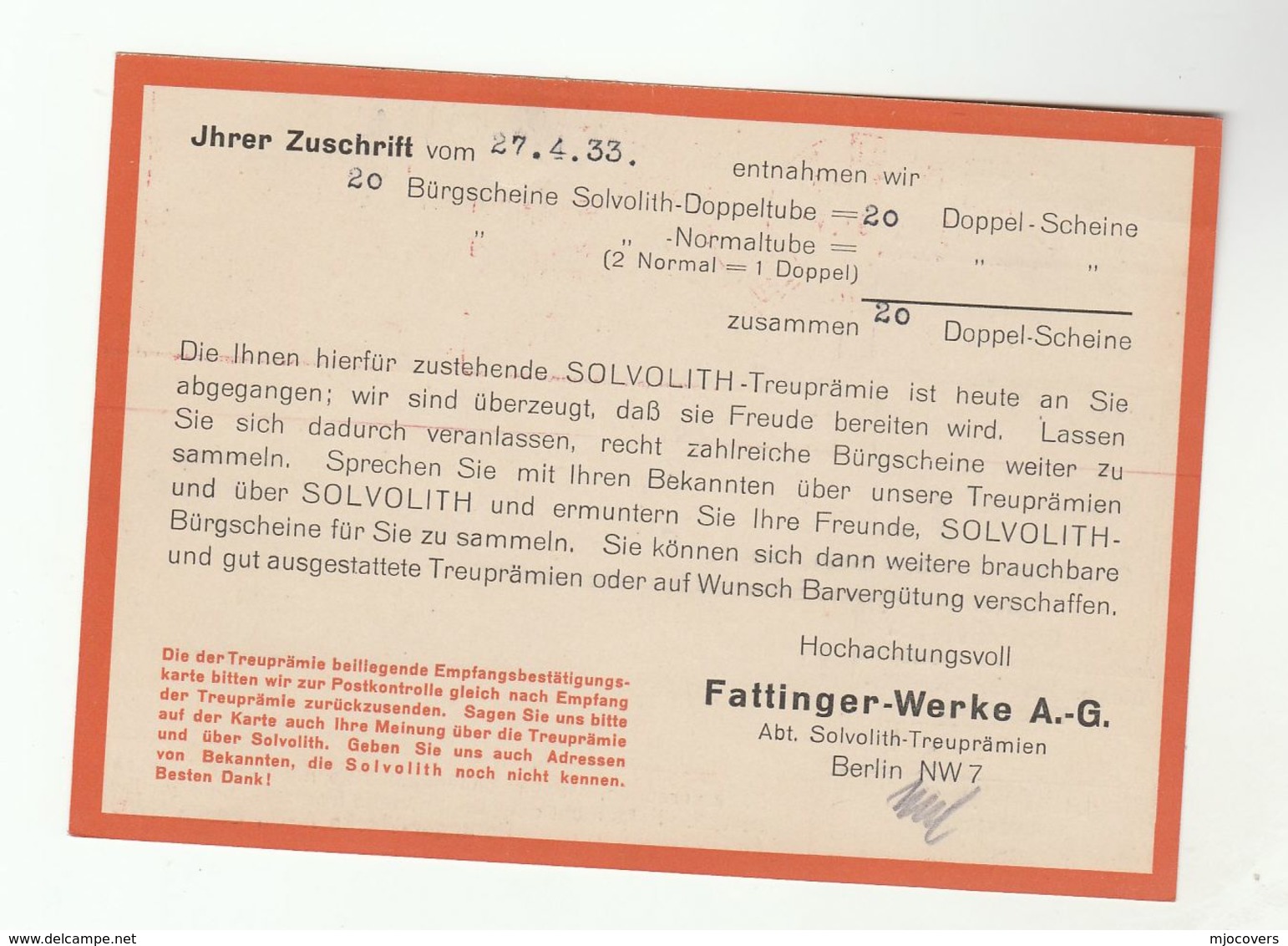 1933 Germany SOLVOLITH TOOTHPASTE 30th Anniv ADVERT CARD Illus METER Stamps SLOGAN  Cover Dentistry Health Medicine - Medicine