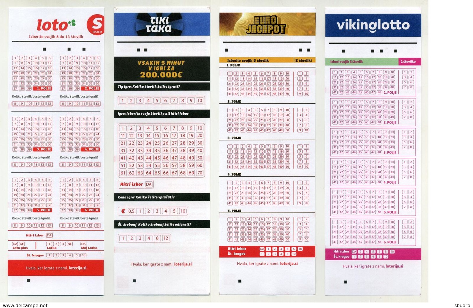 Lot De 4 Grilles De Loterie Différentes Et Non Utilisées - Slovénie - Loto, Euro Jackpot, Tiki Taka, Vikinglotto - Billets De Loterie