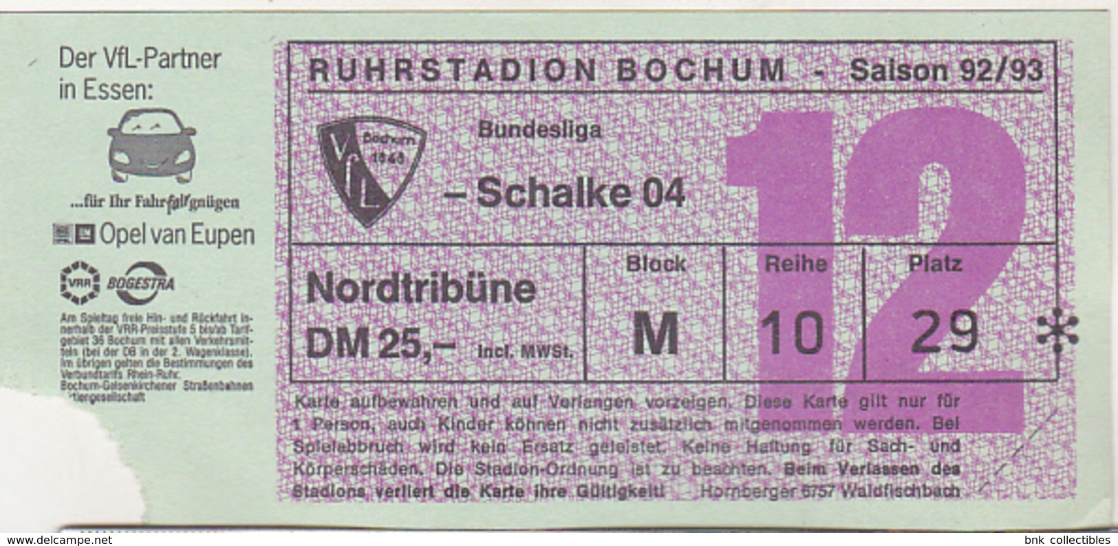 Germany VfL Bochum - Schalke 04 - 1992 Bundesliga Match Ticket - Tickets D'entrée