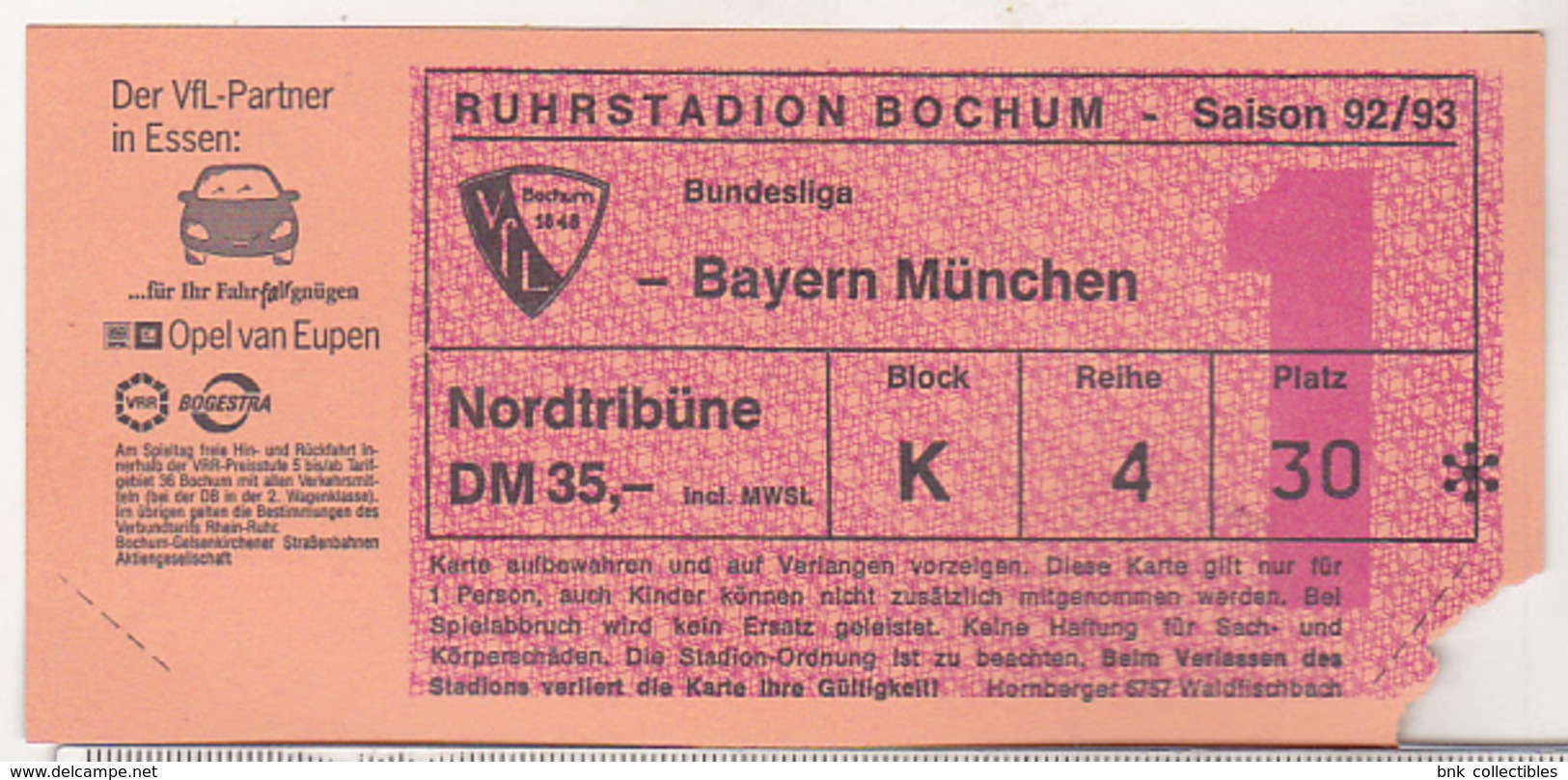 Germany VfL Bochum - Bayern Munchen - 1992 Bundesliga Match Ticket - Match Tickets