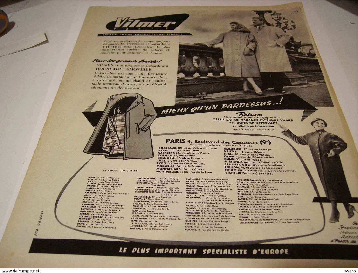 ANCIENNE AFFICHE  PUBLICITEGABARDINES VILMER   1955 - Publicités