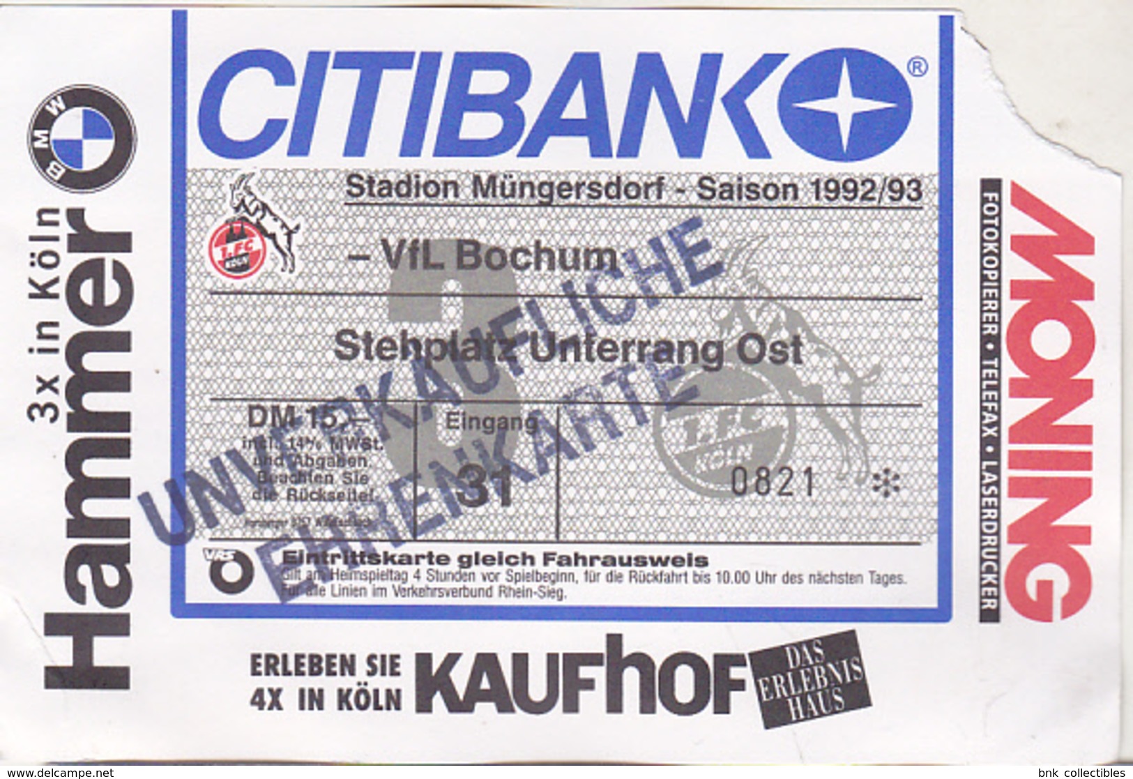 Germany FC Koln - VfL Bochum - 1992 Bundesliga Match Ticket - Match Tickets