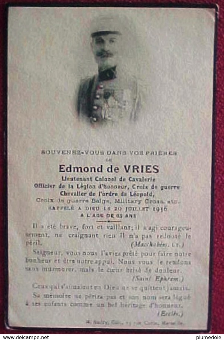 IMAGE PIEUSE CARTE SOUVENIR Décès Lt Colonel E.de Vries Officier Légion D'Honneur , Chevalier Ordre De Leopold - Images Religieuses