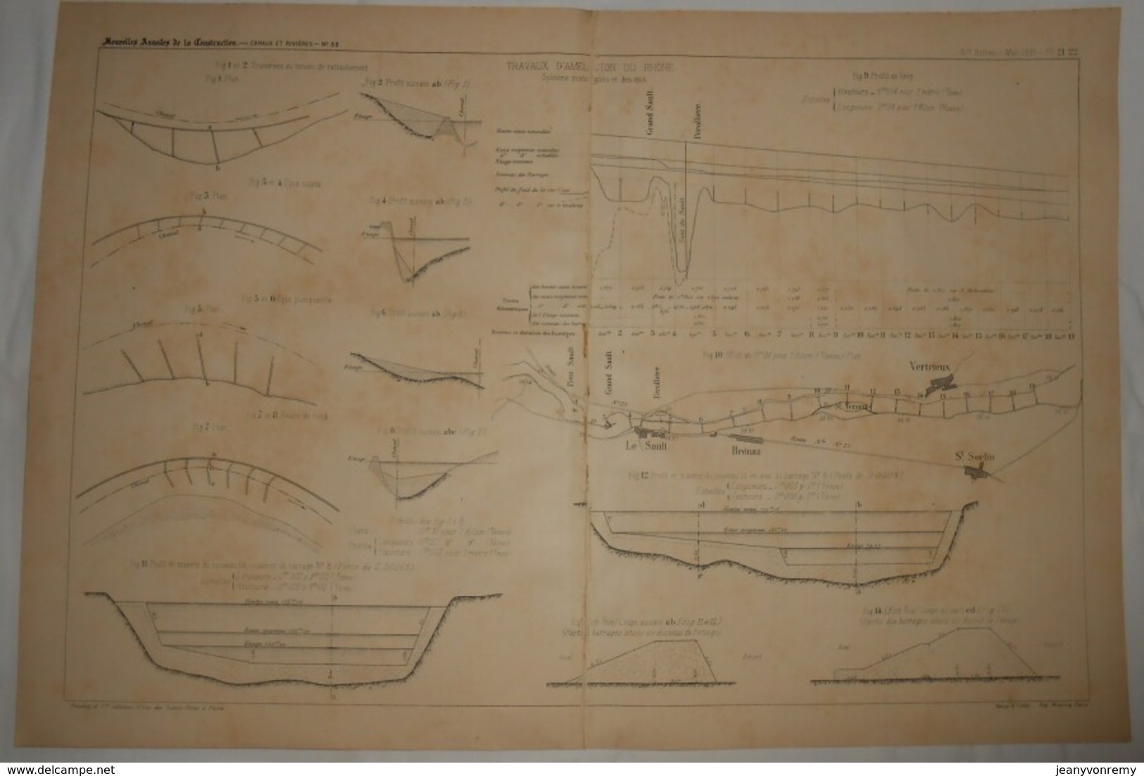 Plan De Travaux D'amélioration Du Rhône. Système Mixte Des Digues Et Des épis. 1891. - Public Works