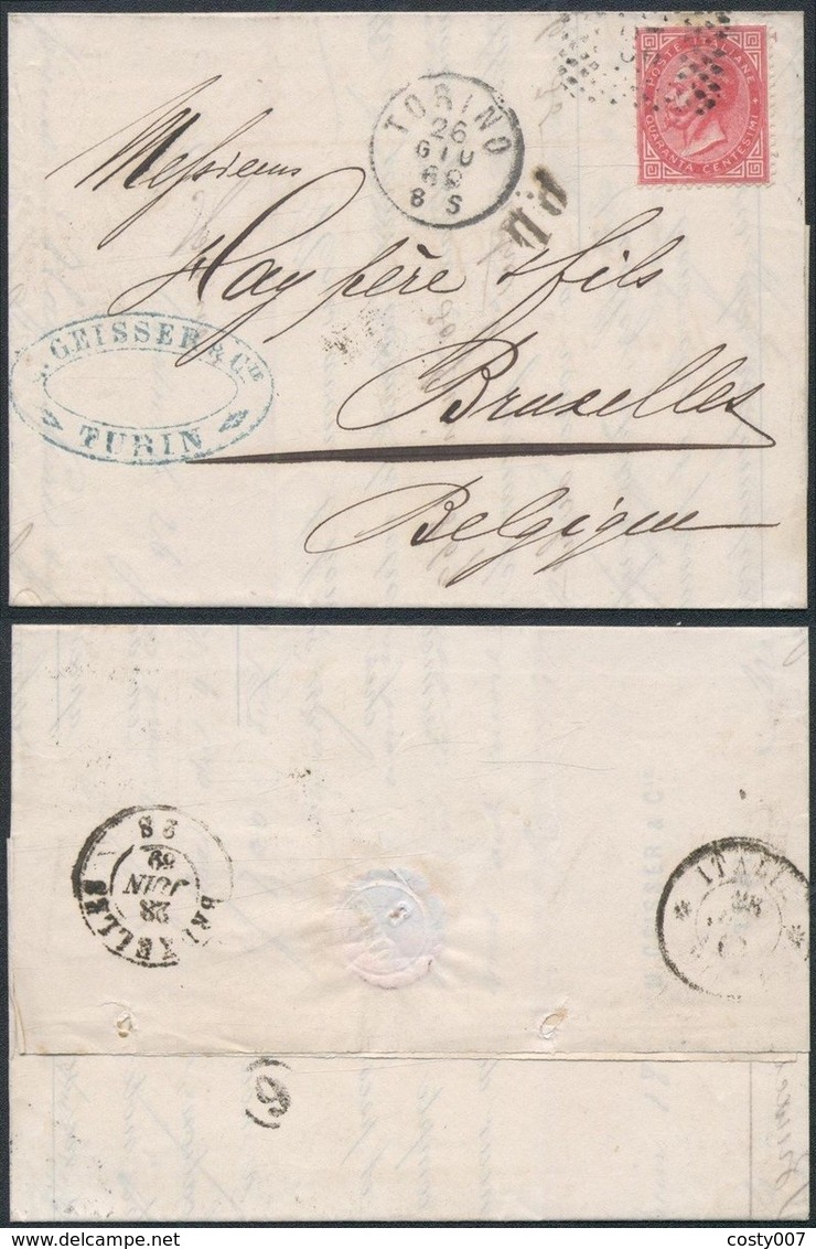 Italy 1869 Postal History Rare Cover + Content 40C Belgium Torino Bruxelles DB.424 - Autres & Non Classés