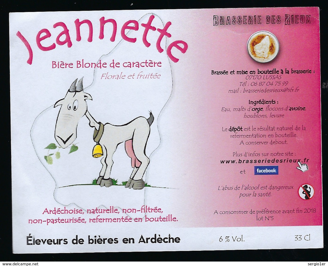 Etiquette Biere Blonde De Caractère  6% 33 Cl Jeannette Brasserie Des Rieux - Birra