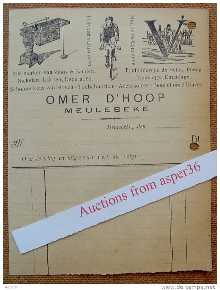 Kleine Factuur "Velos & Banden, Omer D'Hoop, Meulebeke, 1927" - 1900 – 1949