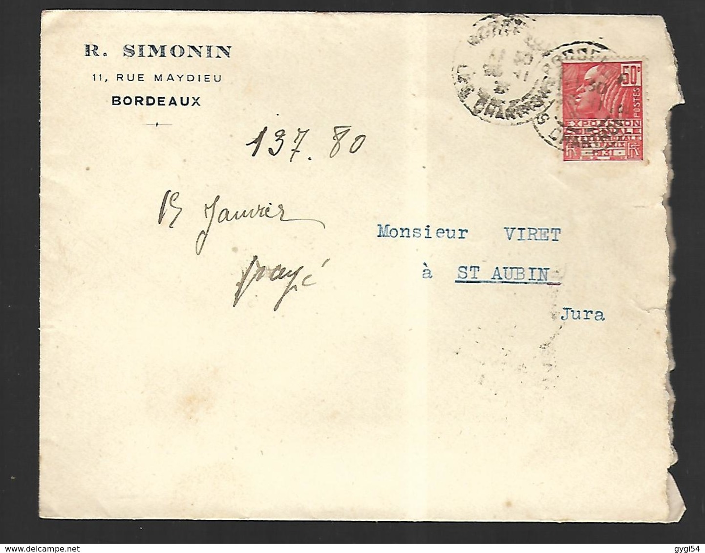 Lettre Du   23    11 1931    De R Simonin à Bordeaux  Pour St Aubin  Affranchissement  50 C - Advertising