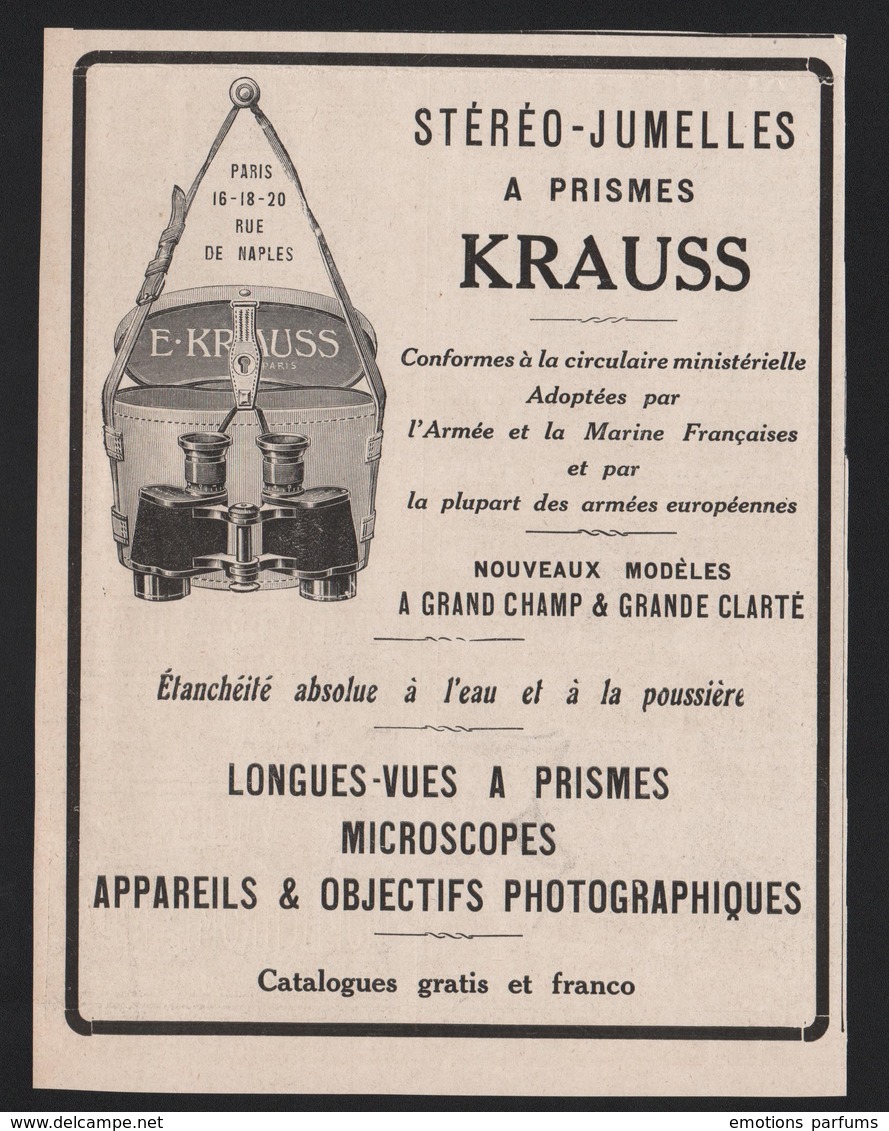 Pub Papier 1913 Jumelles KRAUSS à Prisme Voyages Sport Amée - Advertising