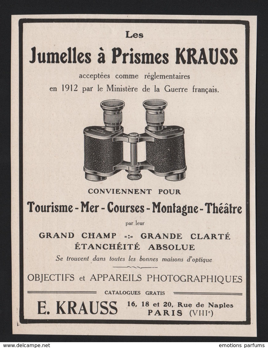 Pub Papier 1913 Jumelles KRAUSS à Prisme Tourisme Mer Montagne Théatre - Publicités