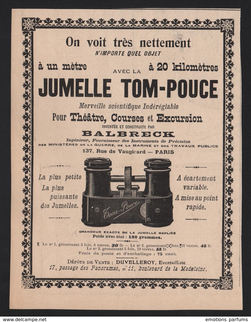 Pub Papier 1905 JumellesTOM POUCE Constructeur Balbreck - Publicités