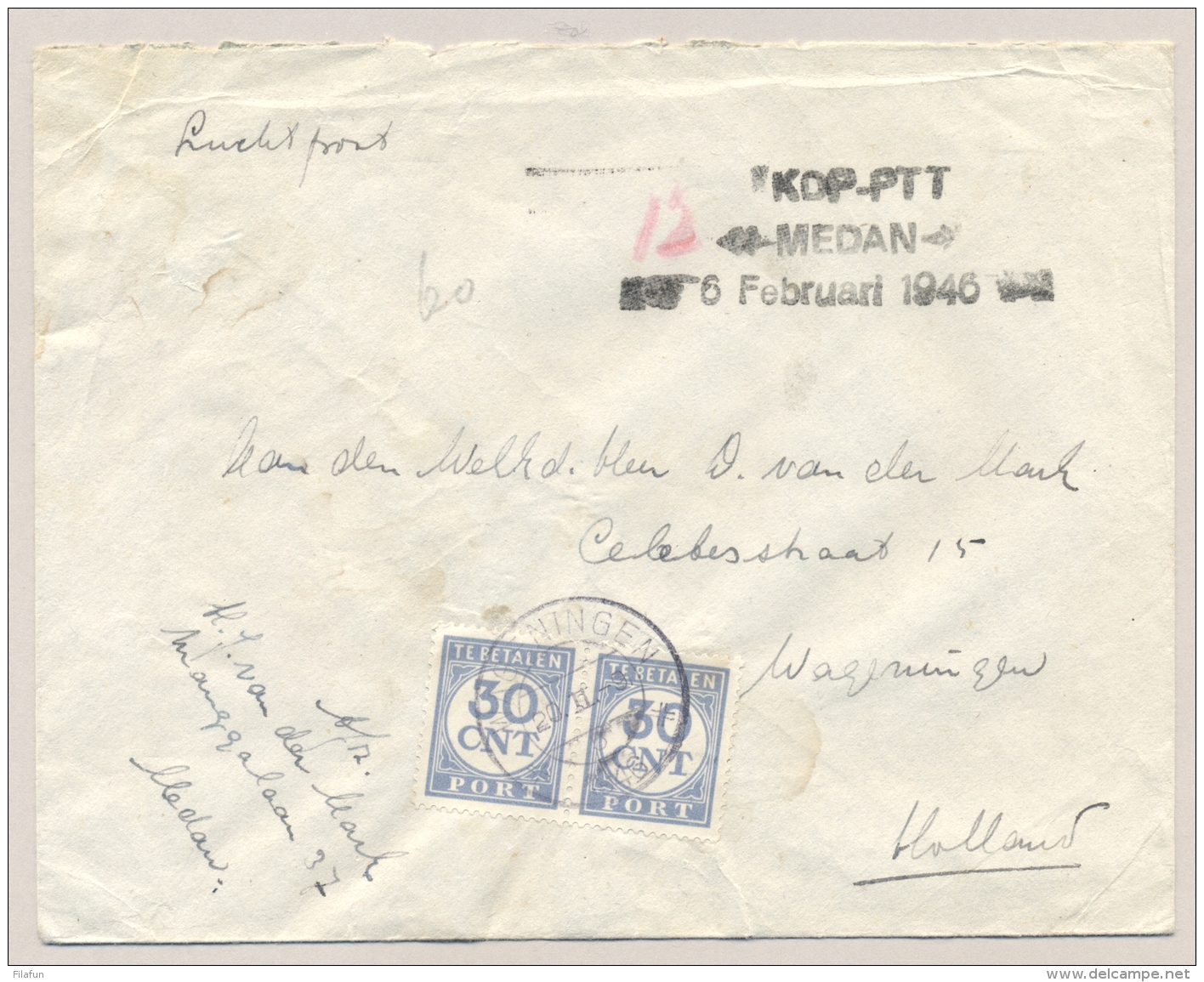 Nederlands Indië - 1946 - Ongefrankeerde Brief Met 60 Cent Strafport Van KDP-PTT / MEDAN "met Handjes" Naar Wageningen - Nederlands-Indië