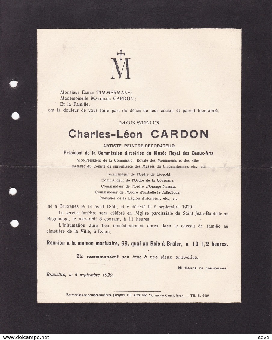 BRUXELLES EVERE Charles-Léon CARDON Artiste Peintre Décorateur 1850-1920 Faire-part Décès - Obituary Notices