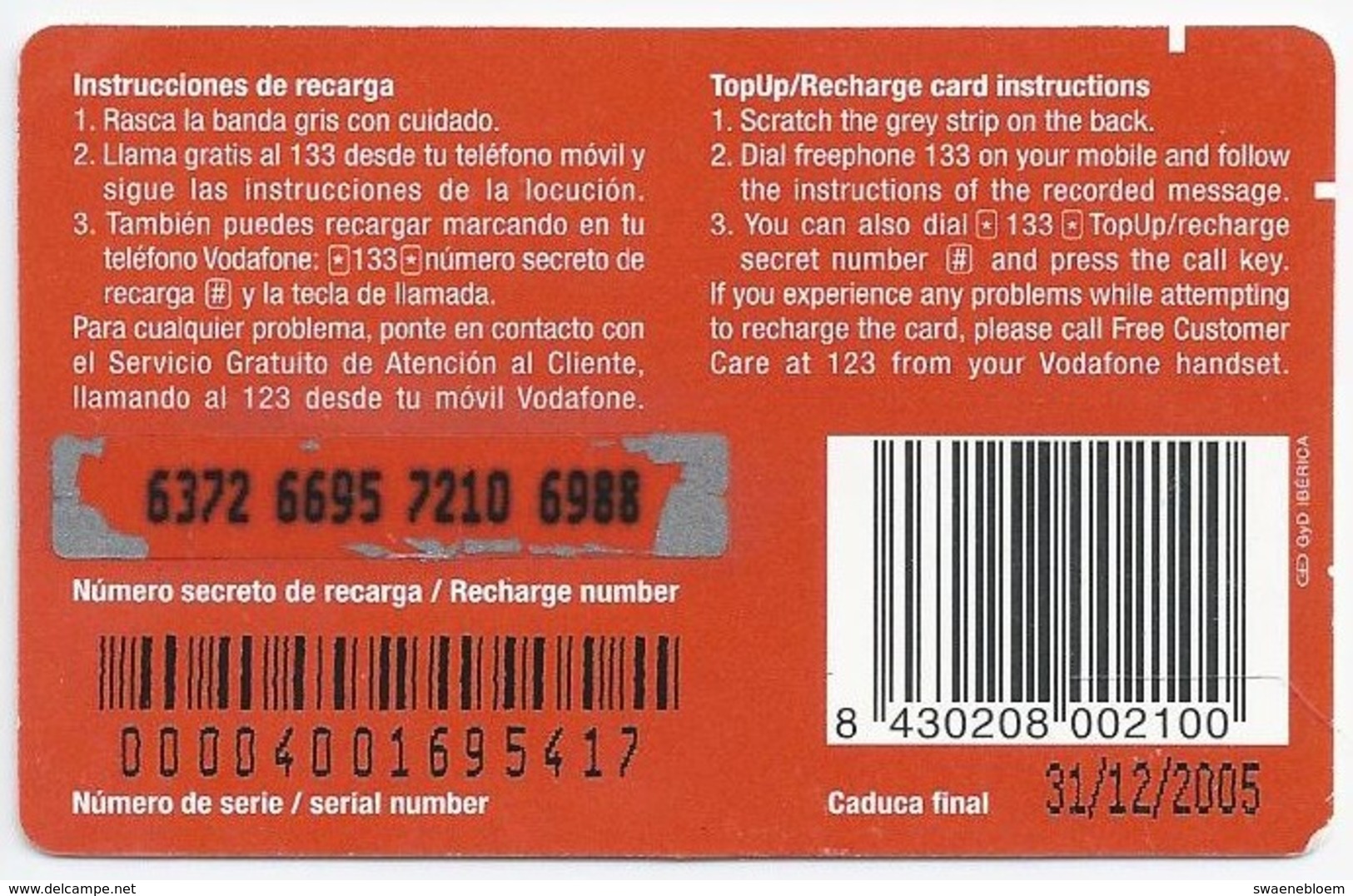 ES.- VODAFONE. CUPON DE RECARGA. 15 Euro. 2005. Venta Exclusiva En Peninsula Y Baleares. - Vodafone