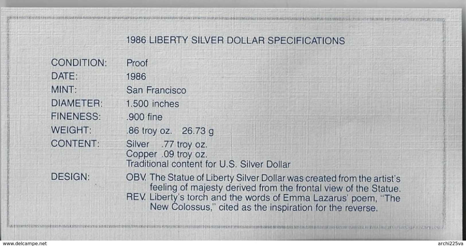 U.S.A. 1986 - Libery - ONE DOLLAR FDC Proof - Argento / Argent / Silver - Conf. Originale (6 Foto) - Proof Sets