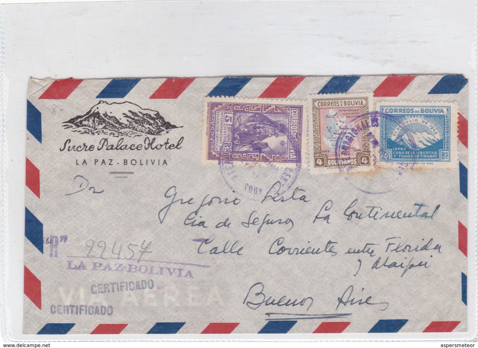 SUCRE PALACE HOTEL SOBRE ENVELOPE AIRMAIL RECOMMANDE CIRCULEE BOLIVIA TO ARGENTINE CIRCA 1951- BLEUP - Bolivië