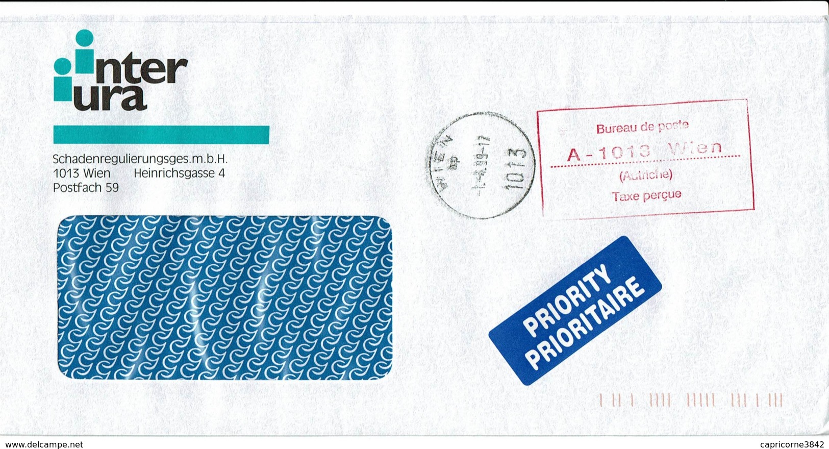 1999 - Lettre Pour La France -Obl. Cachet Rouge "Bureau De Poste A-1013-Wien -Taxe Perçue" + Cachet De Poste "WIEN 1013" - Cartas & Documentos