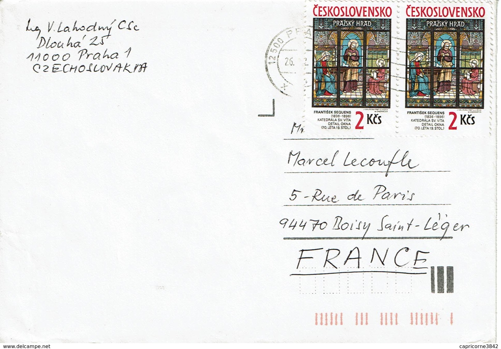 1987- Lettre De Prague Pour La France -"Trésors Du Chateau De Prague -Vitrail De La Cathédrale De St Vitus" - Tp N°2720 - Covers & Documents