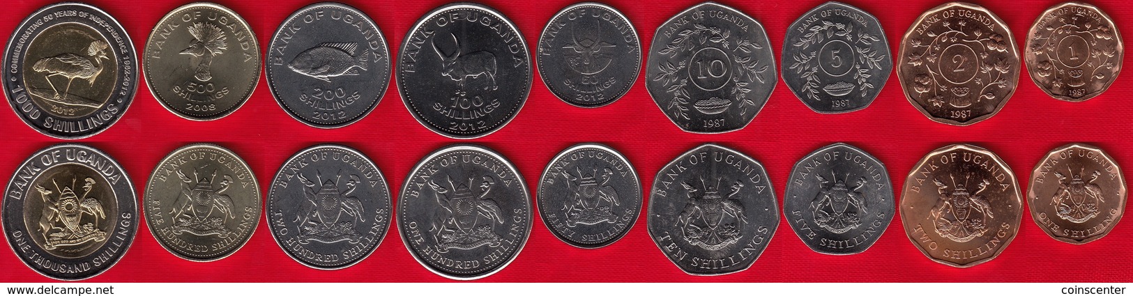 Uganda Set Of 9 Coins: 1 - 1000 Shillings 1987-2012 UNC - Ouganda