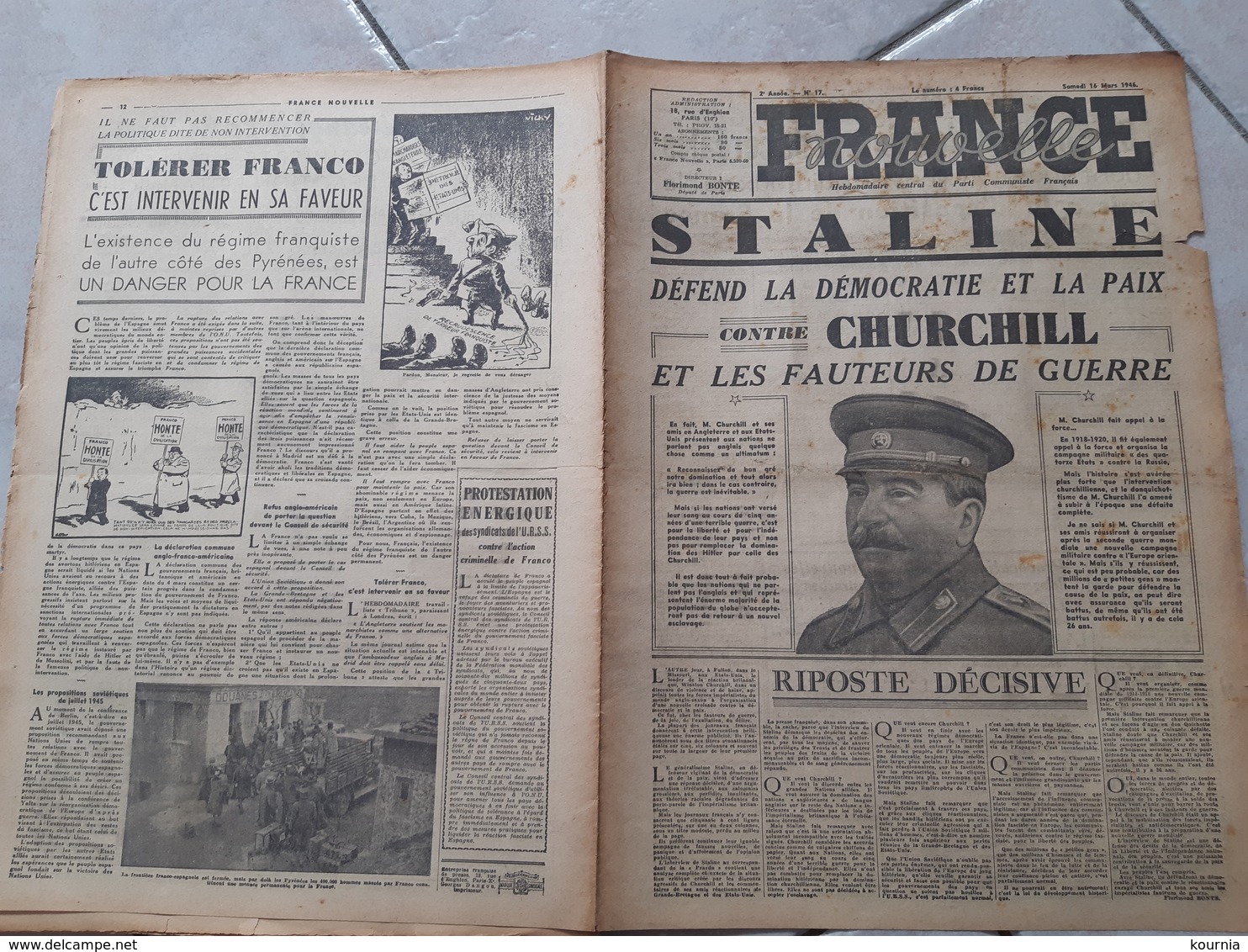 FRANCE NOUVELLE 16/08/1946 HEBDOMADAIRE  PARTI COMMUNISTE  STALINE DEFEND LA DEMOCRATIE CONTRE CHURCHILL ET LES FAUTEURS - Sonstige & Ohne Zuordnung