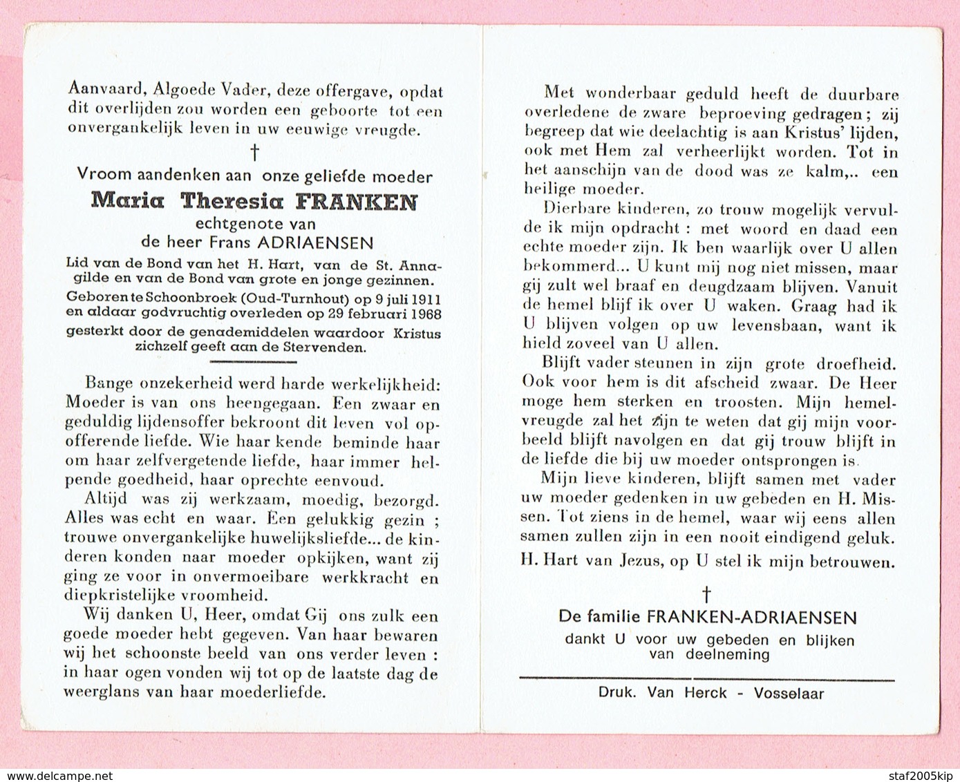 Bidprentje - Maria Theresia FRANKEN Echtg. Frans Adriaensen - Schoonbroek (Oud Turnhout) 1911 - 1968 - Religion & Esotérisme