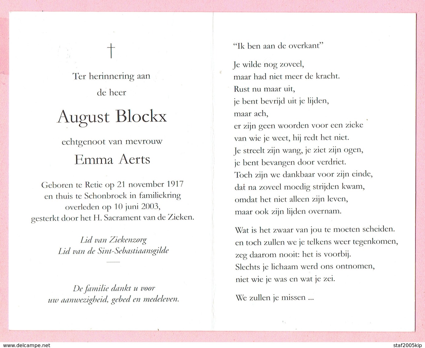 Bidprentje - August BLOCKX Echtg. Emma Aerts  - Retie 1917 - Schoonbroek 2003 - Religion & Esotérisme