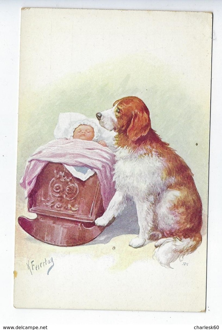 CPA Karl Feiertag Illustrateur Chien Bébé Enfant Berceau à Bascule - Feiertag, Karl