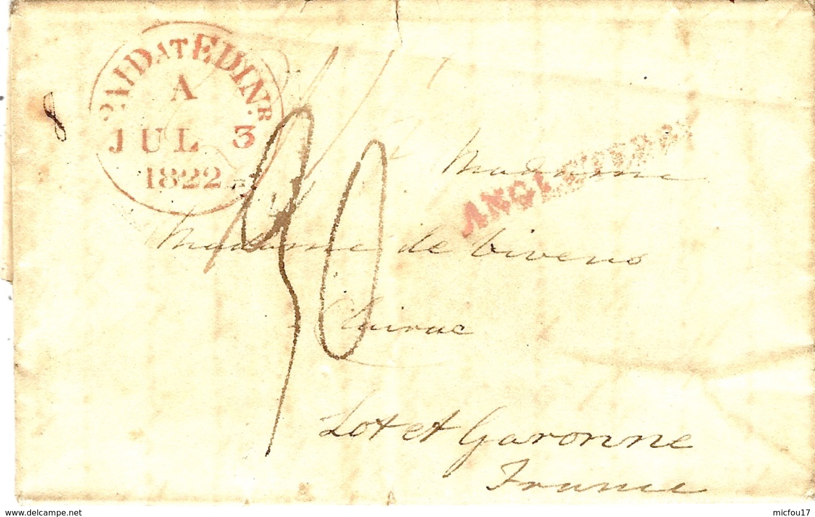 1822- Letter   From  Red " PAID AT EDINB.r " To France   + Red  ANGLETERRE  40 Mm - ...-1840 Préphilatélie