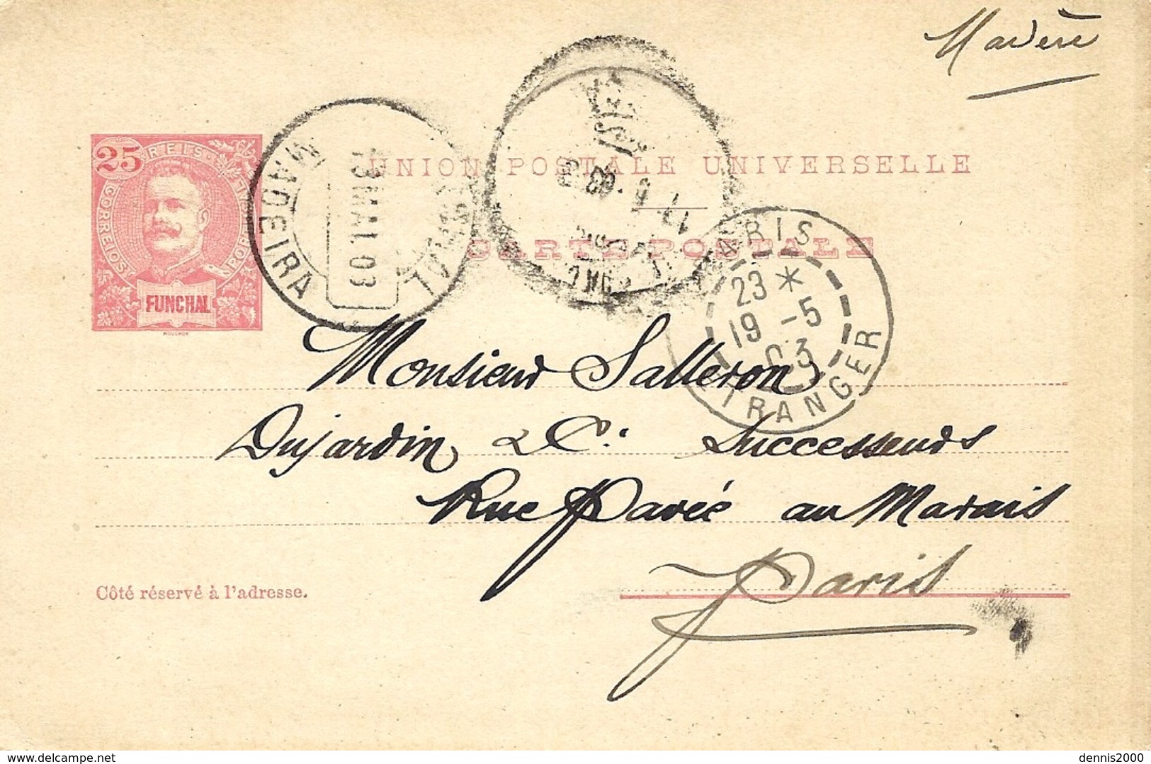 1903- BILHETE POSTAL  25 C  FUNCHAL  From Paris - Funchal