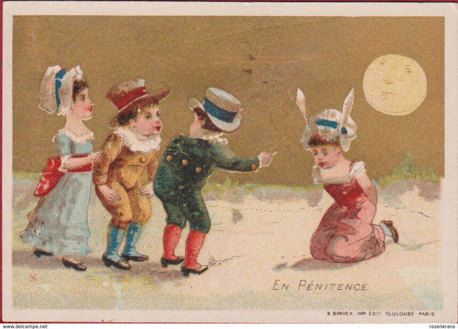 Old Chromo (Liebig Style) Children Enfants Kinderen Sirven Paris Ezelsoren Maan Moon Lune Litho Lithographie - Autres & Non Classés