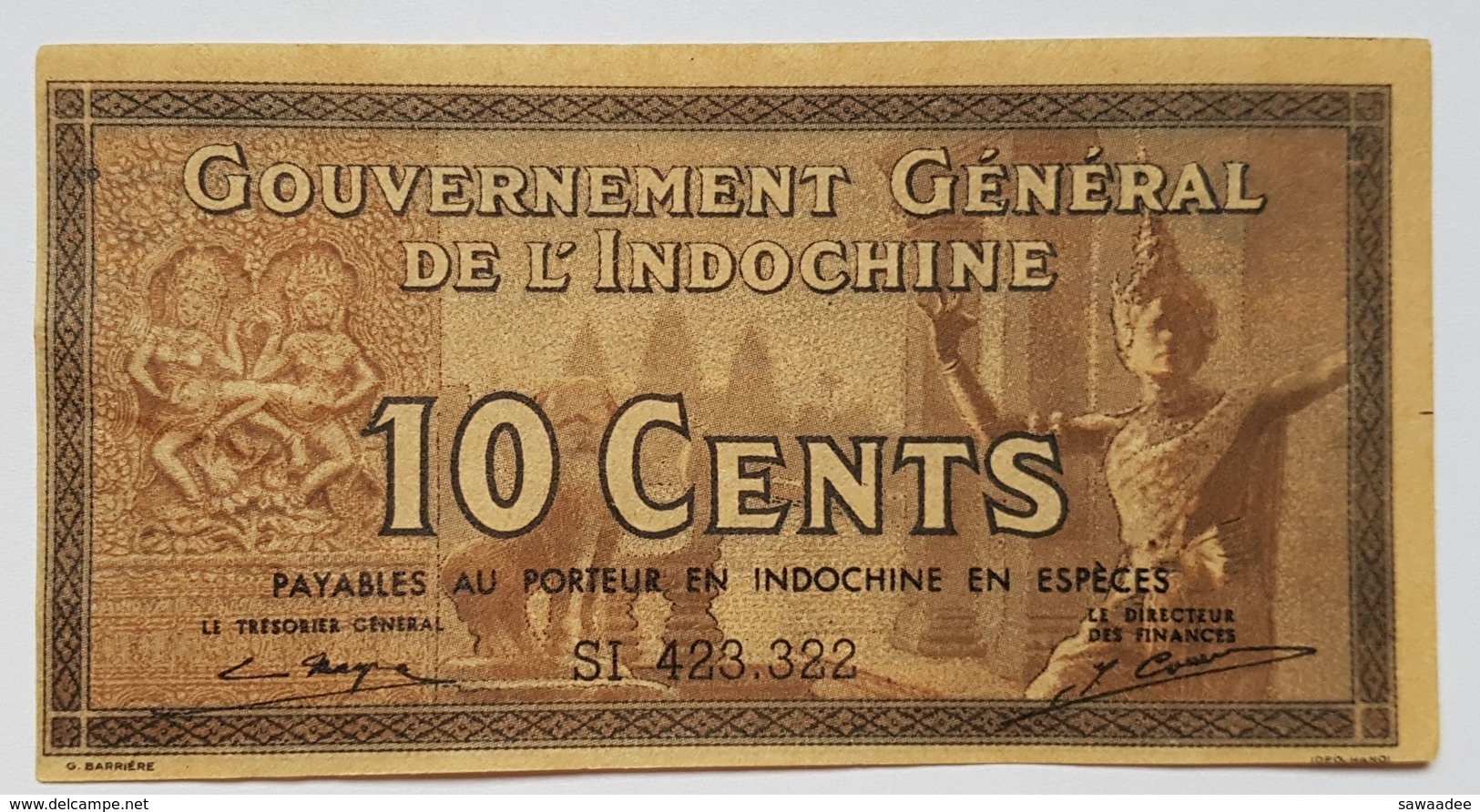 BILLET INDOCHINE - GOUVERNEMENT GENERAL DE L'INDOCHINE - P.85 -10 CENTS -VOIR SIGNATURE - ELEPHANTS - DANSEUSE - Indocina