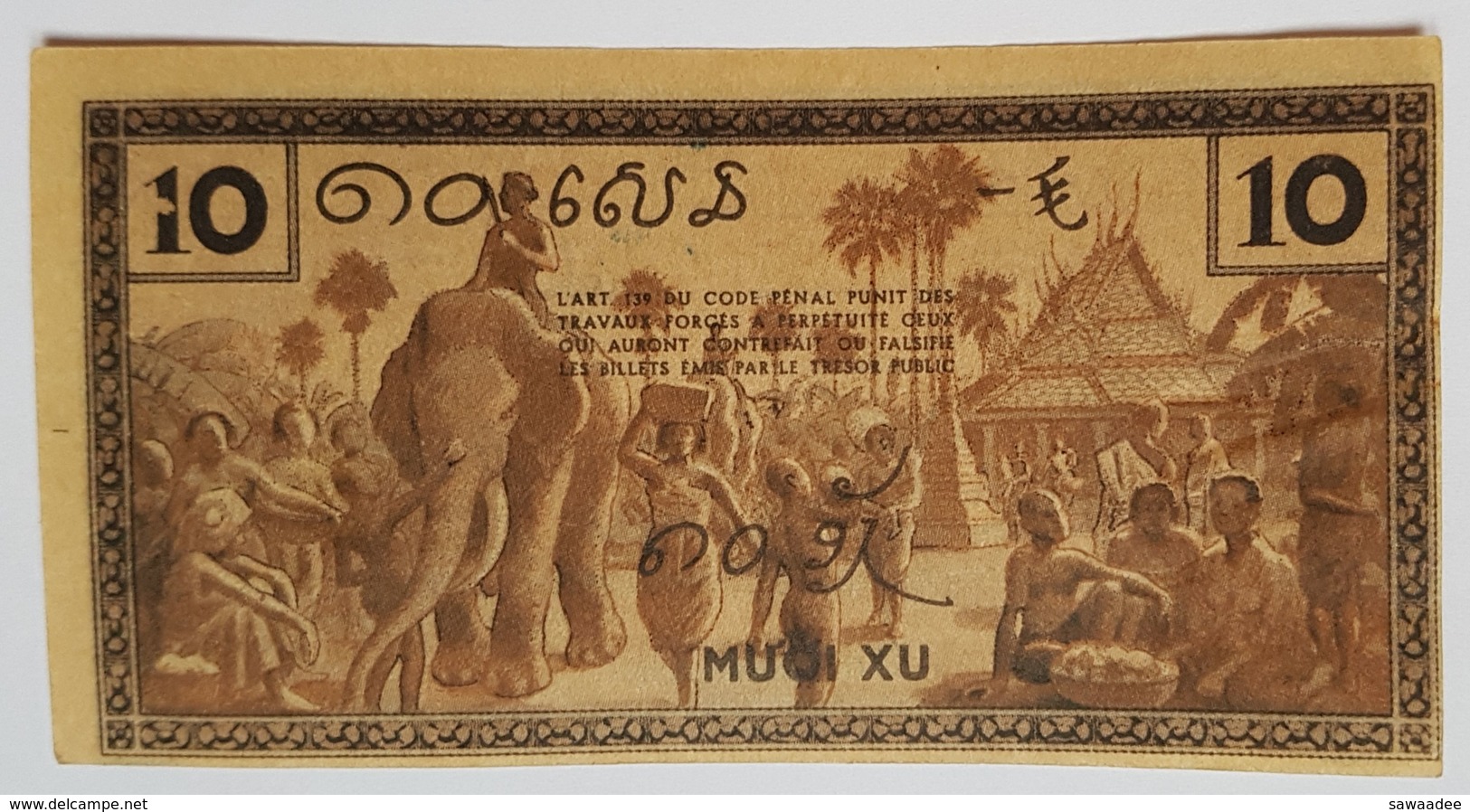 BILLET INDOCHINE - GOUVERNEMENT GENERAL DE L'INDOCHINE - P.85 -10 CENTS -VOIR SIGNATURE - ELEPHANTS - DANSEUSE - Indochine