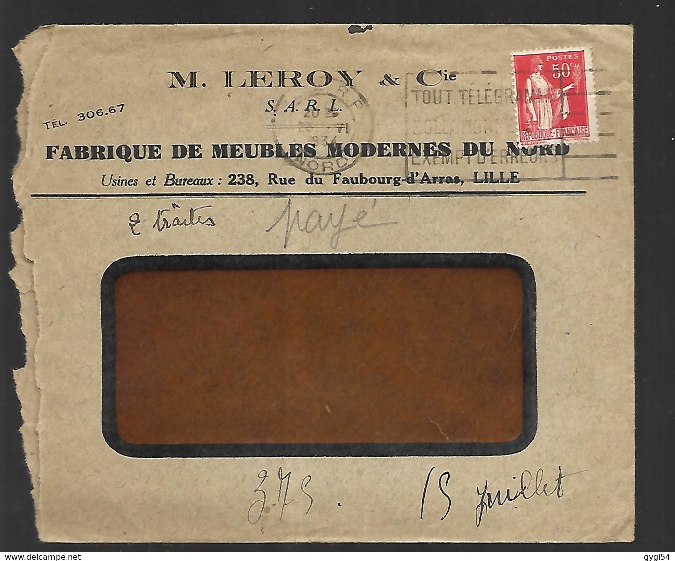 Lettre Publicitaire   Leroy Fabrique De Meubles     Le 23 06 1932 De   Vers St Aubin Affranchissement Semeuse  50 C - Advertising