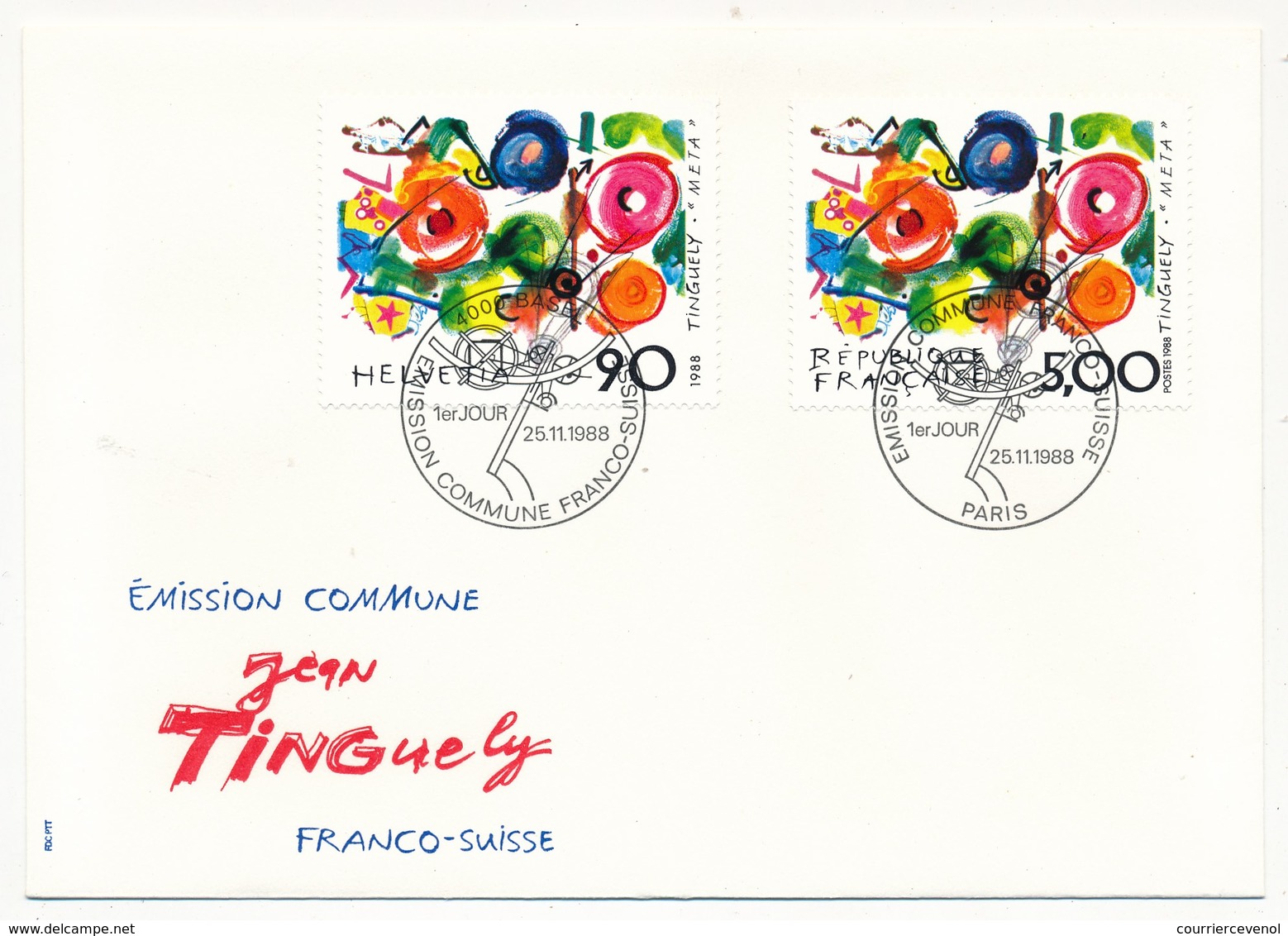 Enveloppe FDC Emission Commune France/Suisse - Jean Tinguely - 1988 - Joint Issues